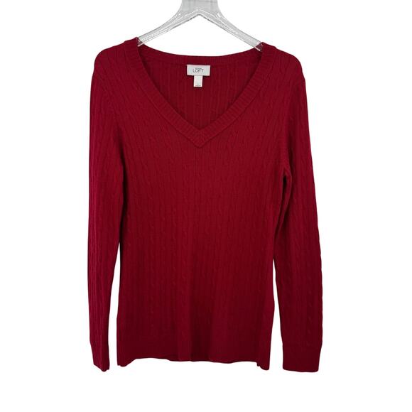 Ann Taylor LOFT sweater L pullover V neck cable knit rabbit hair blend red - Picture 1 of 6